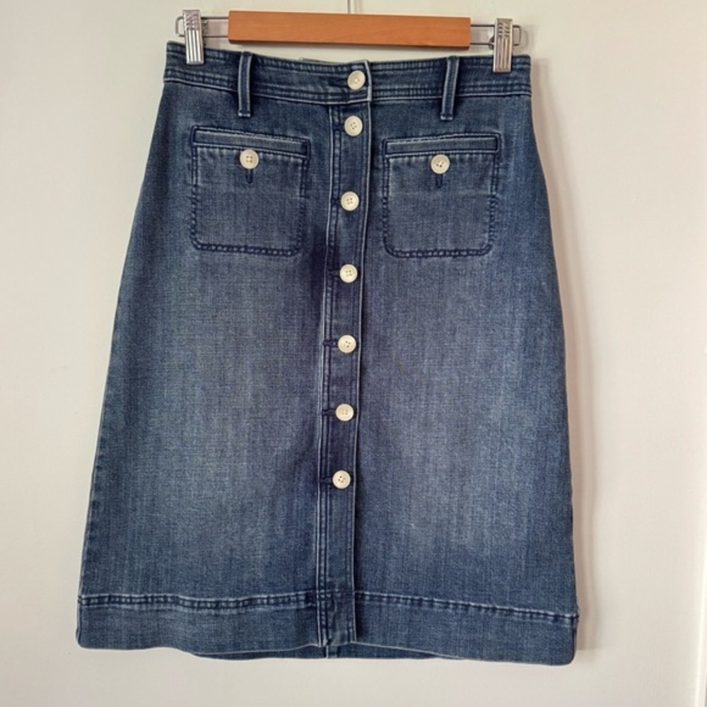 Talbots Petite Button-Front‎ Denim Skirt Petite 2 Retro Pocket Y2K Jean Boho 70s